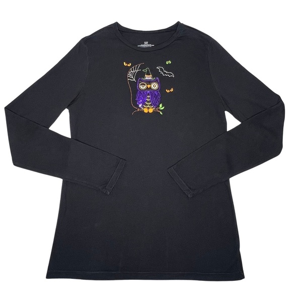 Halloween Owl Tee Embroidered Sequin Long Sleeve Black Purple Small S 4 to 6 - Picture 1 of 14